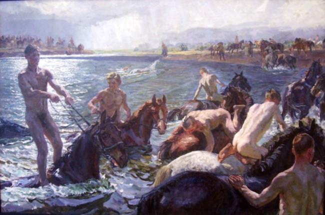 A. Plastov, Banho de cavalos, 1938.