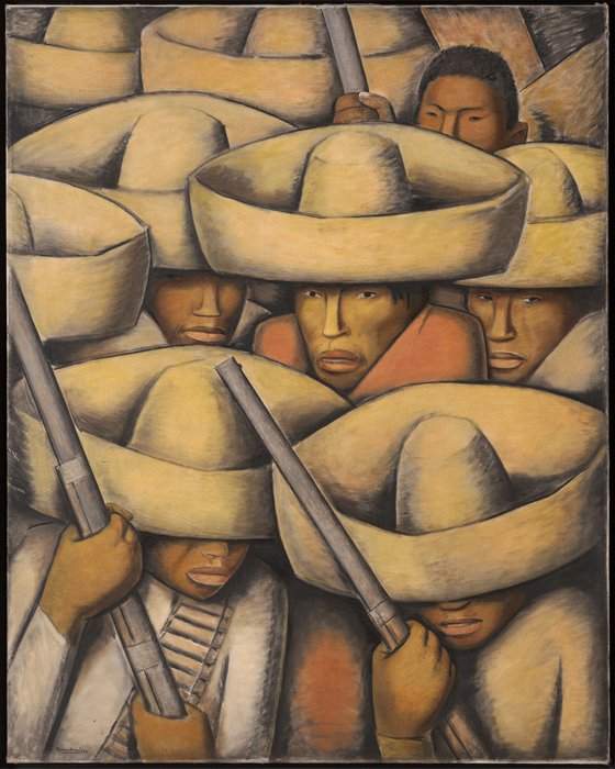 Zapatistas ou Soldados mexicanos (1932). Debaixo dos sombreros de Alfredo Ramos Martínez (1875-1946), não há espaço para dúvidas: todxs são soldadxs.